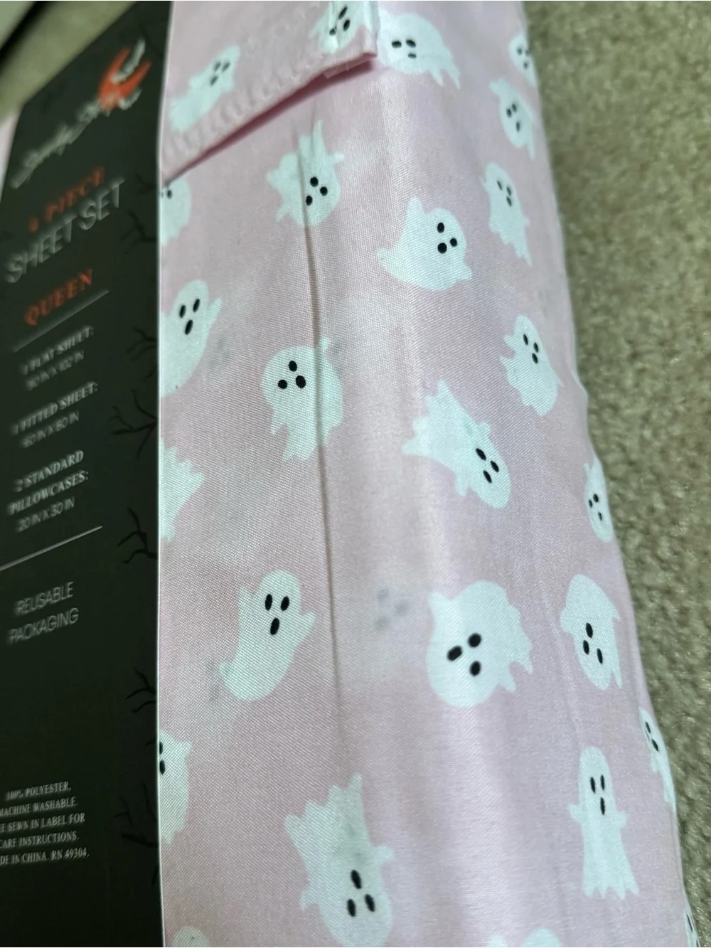 Spooky Story Queen 4-Piece Bed Sheet Set Pink Ghost Halloween Print New Bedding